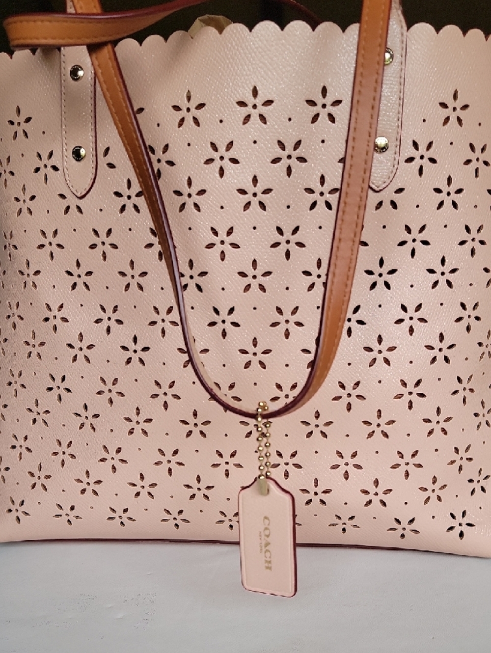 Coach Blush Pink Perforated Floral Scallop-Edge Tote - Picture 4 of 11